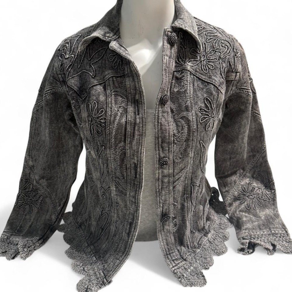 Flashback grey/black embroidered jacket with floral design. Size: S